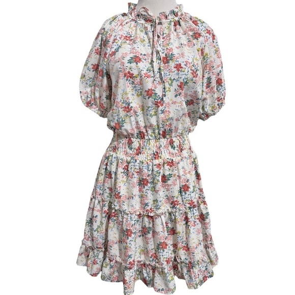 The Impeccable Pig Floral Ruffled V-Neck Boho Mini Dress Smocked Waist Small - Picture 1 of 8